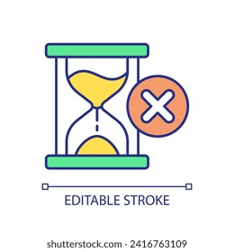 Time running out RGB color icon. Decision making. Time sensitive. Sand clock. Cross sign. Take break. Workplace anxiety. Isolated vector illustration. Simple filled line drawing. Editable stroke svg