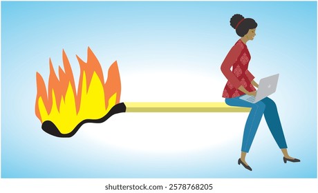 Time is running out. Woman with laptop sitting on burning match stick. Dimension 16:9. Vector illustration.