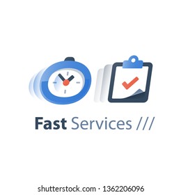 Time running, stopwatch in motion, deadline concept, messenger delivery period, fast service, quick survey, enrollment time limit, check list and done mark, vector icon, flat design illustration