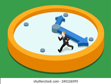 Time Rush Flat 3d Web Isometric Infographic Concept Vector. Business Man Running Away On Clock From Big Hand. Creative People Collection.