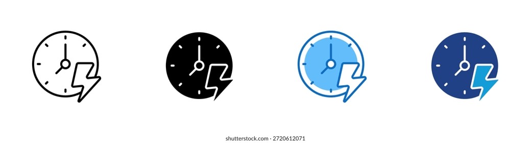 Time Rush Multiple Style Icon Design Vector - fast moving clock with a lightning symbol representing urgency, pressure, fast deadlines, and rushing time