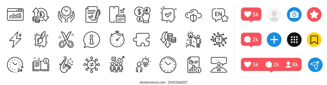 Paquete de iconos de línea de estadísticas de tiempo, tiempo seguro y Sitio web. Iconos de redes sociales. Poder, Trabajo de entrevista, Icono de Web de inteligencia artificial. Información, Confirmado, Pictograma manual. Vector