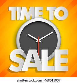 Time to sale banner with clock icon tag. Vector time to sale illustration. Bank card icon. Billboard sale. Promotional sale brochure. Banner sale. Time to sale tag. Advertising sale. Discounts sale
