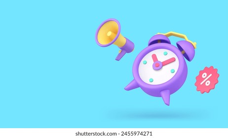 Time to sale discount marketing announce megaphone special offer alert 3d icon realistic vector illustration. Retail price off commercial ad limited clearance shopping deal loudspeaker alarm clock