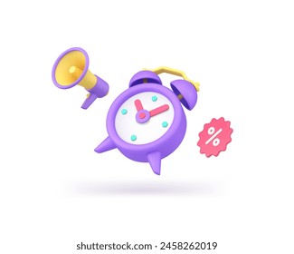 Time to sale discount marketing announce megaphone special offer alert 3d icon realistic vector illustration. Retail price off commercial ad limited clearance shopping deal loudspeaker alarm clock