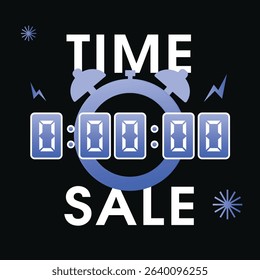 Time sale event countdown banner with digital clock icon on black background