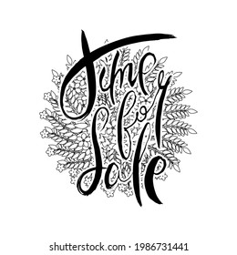 Time For Sale. Hand lettering grunge card with flower background. Handcrafted doodle letters in retro style. Hand-drawn vintage vector typography illustration
