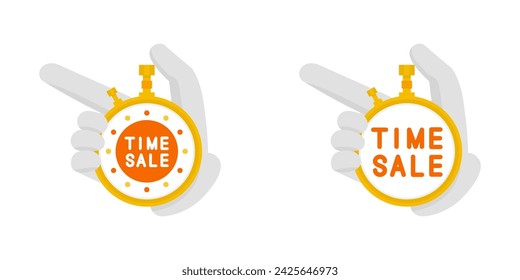 Time sale icon set (pointing) with gloved hand holding stopwatch