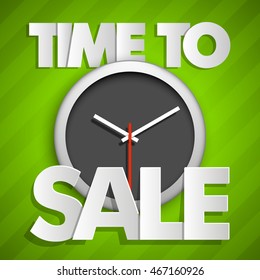 Time to sale square banner with clock icon tag. Abstract rectangle background. Advertising poster. Vector illustration