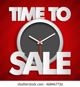 Time to sale square banner with clock icon tag. Abstract rectangle background. Advertising discount poster. Vector illustration

