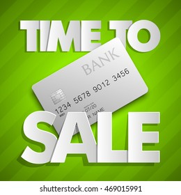 Time to sale square banner with credit bank card icon. Abstract rectangle background with plastic card. Advertising discount poster. Vector illustration tag, Promotional sale brochure
