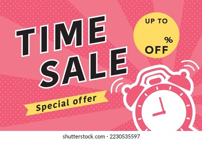 Time sale vector banner. ringing alarm clock.