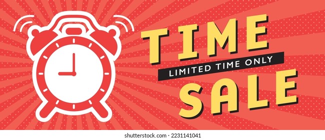 Time sale vector banner. ringing alarm clock.