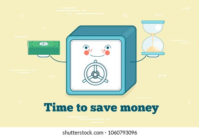 Time to save money trendy concept in line art style. Banking and finance, ecommerce service sign, business technology, capital protect symbol. Bank safe box funny character vector illustration