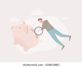 Time saving illustration with a levitating male character with a wall clock and trying to put a clock in the slot of a piggy bank. Scheduling app, planning techniques, work organization and management