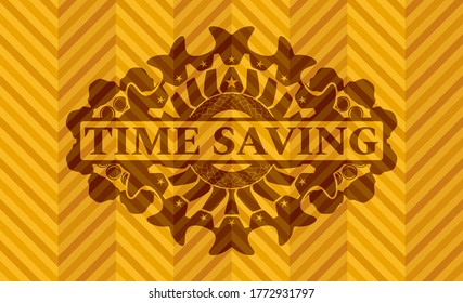 Time Saving text inside abstract orange color emblem. Geometric fancy background. Vector illustration. 