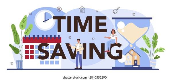 Encabezado tipográfico de ahorro de tiempo. La industria inmobiliaria, agentes inmobiliarios calificados o corredores de bolsa ayudan al cliente a ahorrar tiempo y dinero. Búsqueda inmobiliaria, análisis de mercado. Ilustración vectorial plana