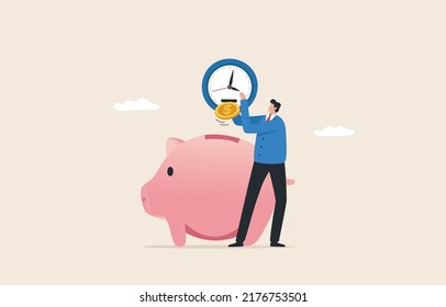Time and savings.  Money Increase Investment.  
return on investment and investment period. A businessman takes a coin from his watch to put his piggy bank.