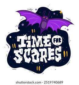 Hora Dos Medos. Adesivo de mascote de Halloween. Ilustração vetorial com um morcego assustador e texto em negrito grunge.