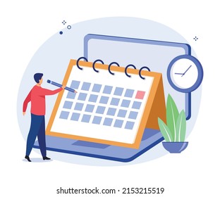 Concepto de tiempo, planificación y administración de negocios. Empresario planificando tareas de trabajo y haciendo programación usando el calendario. Ilustración vectorial.