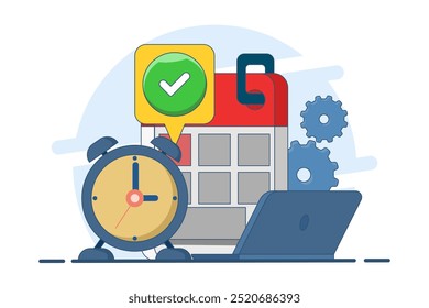 Conceito de cronograma, gerenciamento de tempo, prazo, planejador, início, calendário, planejamento de estratégia de negócios, gerenciamento de projetos. Planejamento de tarefas. Ilustração de vetor plano no plano de fundo.