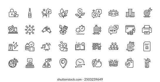 Time schedule, Eco power and Target goal line icons pack. AI, Question and Answer, Map pin icons. Arena stadium, Verification document, New web icon. Apple, Champagne, Alarm sound pictogram. Vector