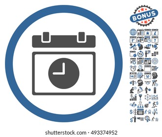 Time Schedule icon with bonus calendar and time management pictogram. Vector illustration style is flat iconic bicolor symbols, cobalt and gray colors, white background.