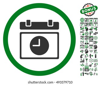 Time Schedule icon with bonus calendar and time management icon set. Vector illustration style is flat iconic bicolor symbols, green and gray colors, white background.
