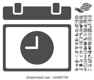 Time Schedule icon with bonus calendar and time management symbols. Vector illustration style is flat iconic symbols, gray color, white background.