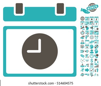 Time Schedule icon with bonus calendar and time management graphic icons. Vector illustration style is flat iconic bicolor symbols, grey and cyan colors, white background.