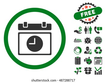 Time Schedule icon with free bonus icon set. Vector illustration style is flat iconic bicolor symbols, green and gray colors, white background.