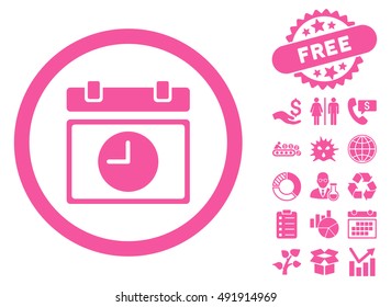 Time Schedule icon with free bonus symbols. Vector illustration style is flat iconic symbols, pink color, white background.
