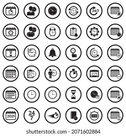 Zeit- und Zeitplansymbole. Schwarzes Flachdesign im Kreis. Vektorgrafik.