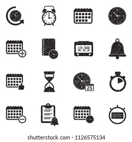 Time And Schedule Icons. Black Scribble Design. Vector Illustration.