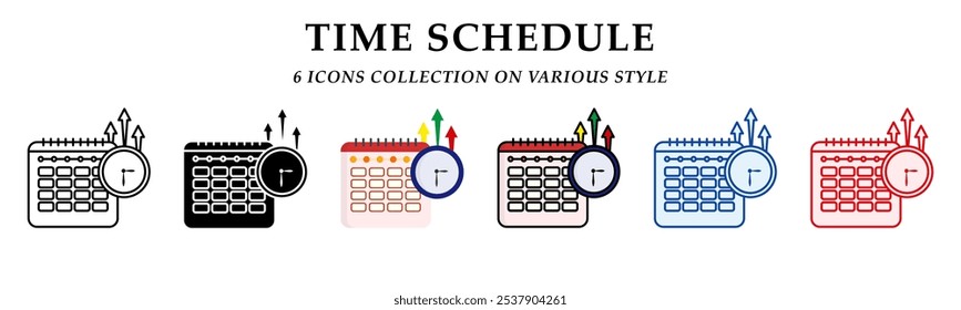 Colección de iconos de programación de tiempo. 6 Varios estilos. Icono de color lineal, sólido, plano y lineal. Gráficos de signos, símbolos, presentaciones, elementos, infografías o Web. Ilustración vectorial.
