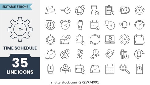 Time schedule line icons set with editable stroke. Contains icons related to planning, calendar, time management, reminder, deadline and more. Vector illustration
