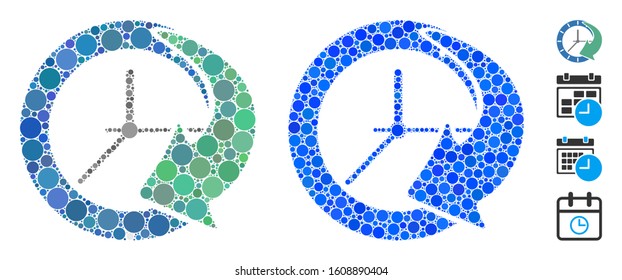 Time schedule mosaic of filled circles in various sizes and shades, based on time schedule icon. Vector random circles are united into blue mosaic.