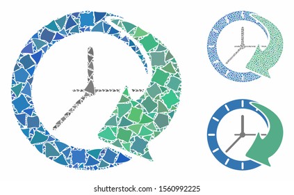 Time schedule mosaic of uneven items in different sizes and color tones, based on time schedule icon. Vector raggy items are united into mosaic. Time schedule icons collage with dotted pattern.