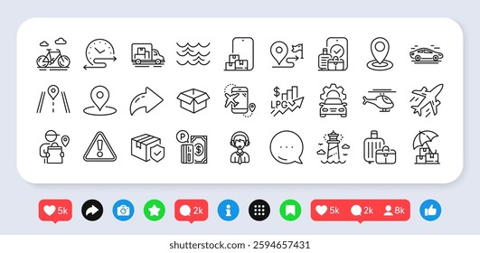 Time schedule, Parking payment and Car service line icons pack. Social media: share, comment, like icons. Baggage, Plane, Helicopter web icon. Delivery man, Car, Parcel insurance pictogram. Vector