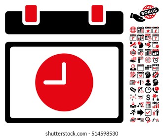 Time Schedule pictograph with bonus calendar and time management clip art. Vector illustration style is flat iconic bicolor symbols, intensive red and black colors, white background.