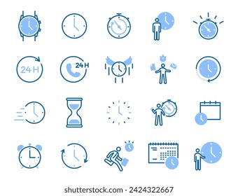 Time and scheduling icon set: 20 editable stroke vector icons for precise timing, deadlines, and efficient organization. Essential for business, personal planning, and productivity enhancement.