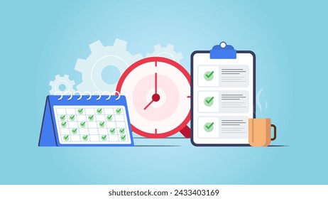 Time Scheduling vector illustration with calendar, clock and to do list element. Vector illustration with setting icon and blue background.