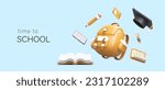 Time to school. Bright color banner with school supplies. Flying stationery on blue background. Advertising of educational institutions, shops selling school attributes
