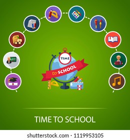 Time to school flat icons concept. Vector illustration. Element template for design.