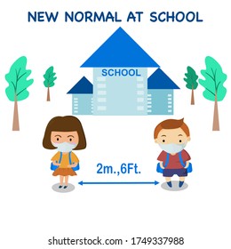 Time school open student have new normal lifestyle wearing mask keep social distancing for safe from coronavirus.vector illustration 