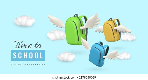 Time to school promo banner design. 3d realistic school bag with wings fly in clouds. Vector illustration.