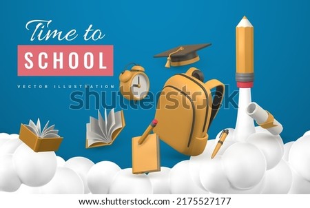 Time to school promo banner design. School bag with book, pencil, alarm clock, graduation cap and diploma. Vector illustration.