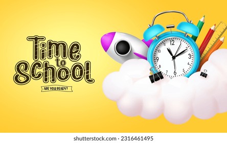 Time to school text vector design. School text with alarm clock and education materials on cloud in yellow background. Vector illustration for back to school elements.