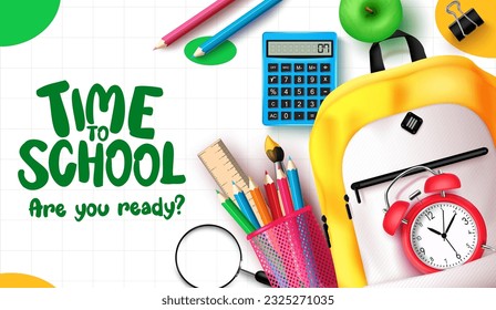 Time to school text vector design. Back to school typography with schoolbag, color pencil and alarm clock learning elements. Vector illustration educational template. 
