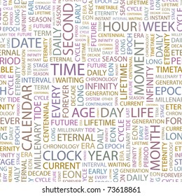 TIME. Seamless vector pattern with word cloud. Illustration with different association terms.